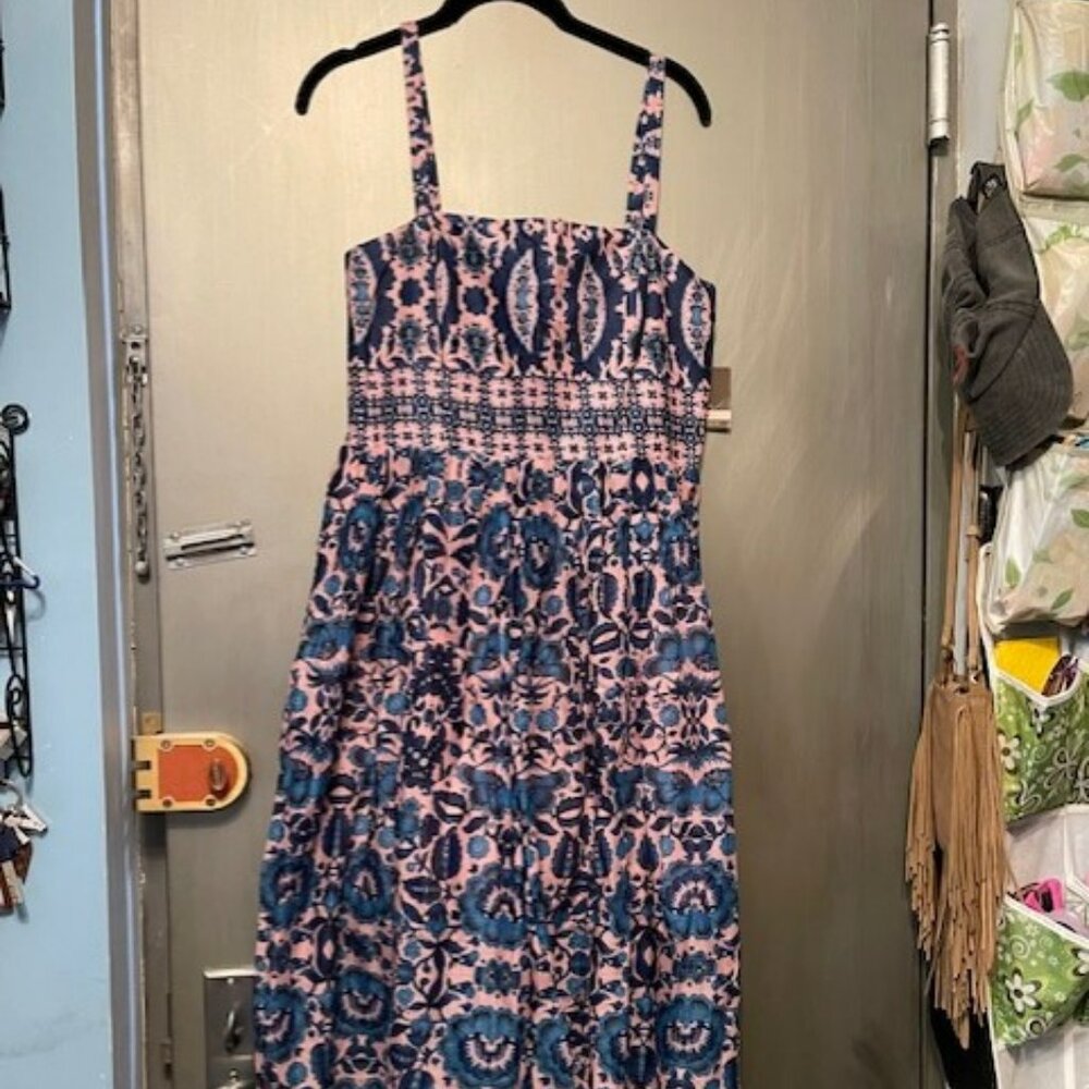 Taylor Retro Pink & Blue Floral Pleated Dress With Pockets Spaghetti Straps - Picture 4 of 16
